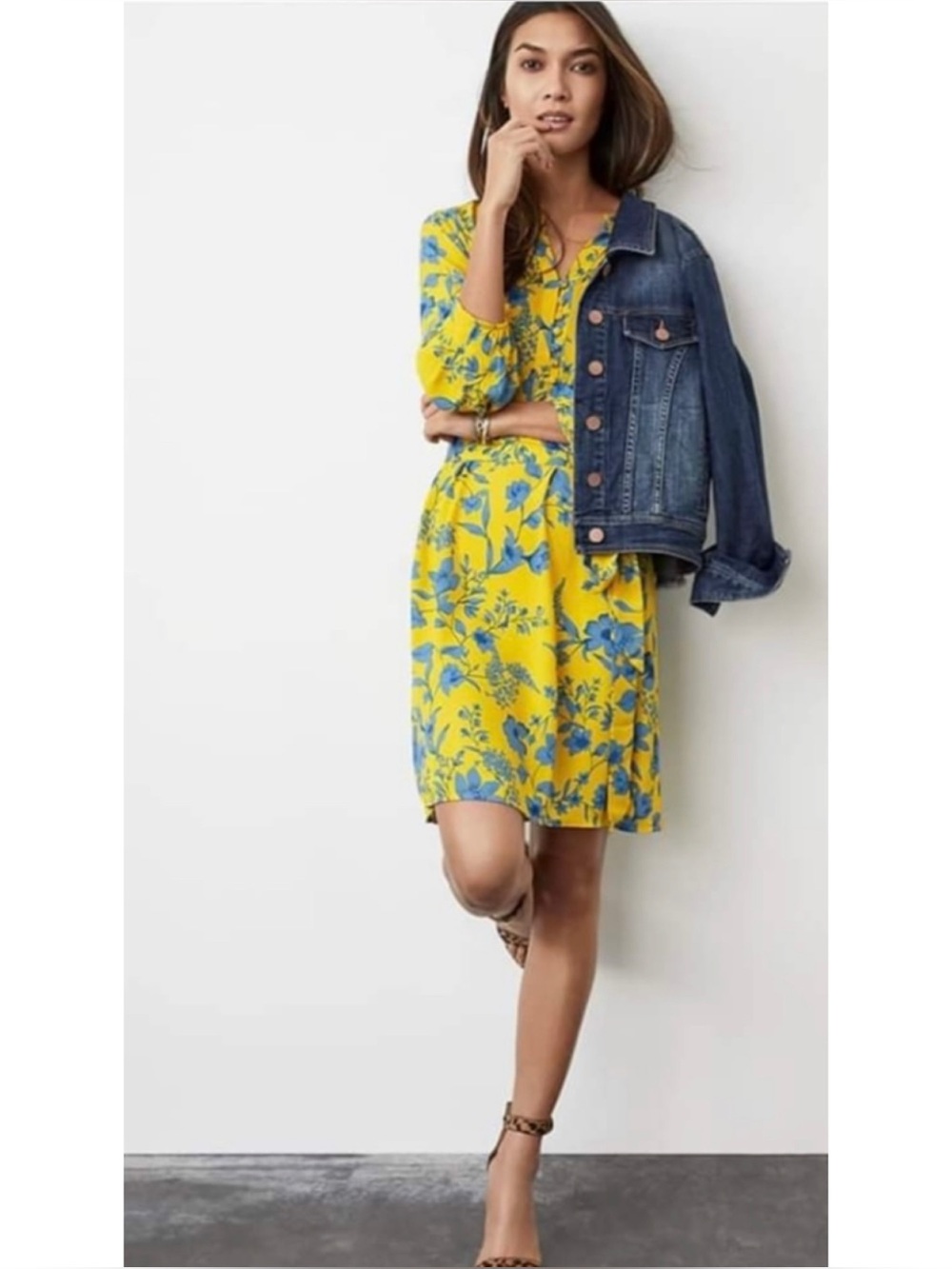 CAbi Lemon Drop Floral Button Front Henley Shift Dress